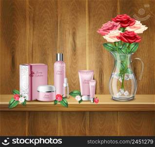 March 8th women day realistic background with bouquet of roses in vase face and body care products on wooden shelf vector illustration. March 8th Realistic Background