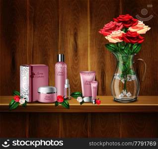 March 8th women day realistic background with bouquet of roses in vase face and body care products on wooden shelf vector illustration. March 8th Realistic Background