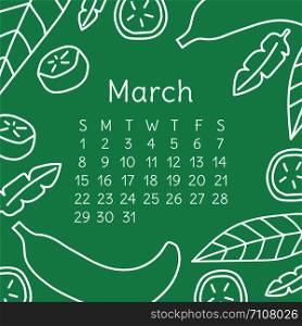 March calendar 2020. Vector English wall calender template. Banana fruit. Hand drawn design. Doodle sketch. Sunday
