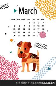 March calendar for 2018 year with boxer puppy that has funny head and black spots on fur vector illustration. Animal symbol from Chinese astrology.. March Calendar for 2018 Year with Boxer Puppy