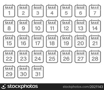 March is a month with numbers. A set of calendar sheets for a website, applications, scrapbooking and creative design. An empty contour. Flat design.