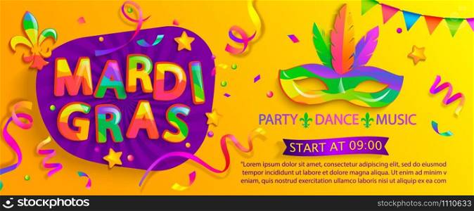 Mardi gras banner,inviting for carnival party.Traditional Mask with feathers for carnaval,fesival,masquerade,parade.Template for design invitation,flyer, poster, placards. Vector illustration.. Mardi gras banner,inviting for carnival party.