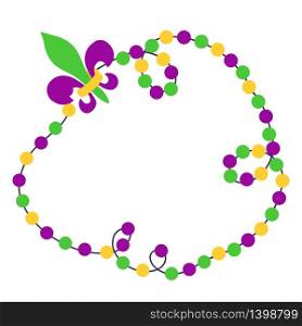 Mardi Gras beads background in traditional colors for holiday with place for text. Vector illustration isolated on white. Mardi Gras beads background with place for text