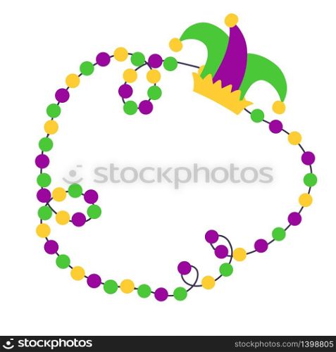 Mardi Gras beads background in traditional colors for holiday with place for text. Vector illustration isolated on white. Mardi Gras beads background with place for text