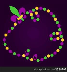 Mardi Gras beads background in traditional colors for holiday with place for text. Vector illustration. Mardi Gras beads background with place for text
