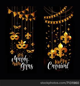 Mardi Gras beads colored frame with a mask, isolated on black background.. Mardi Gras gold vertical banners set with a mask and fleur-de-lis, isolated on black background. Vector illustration.