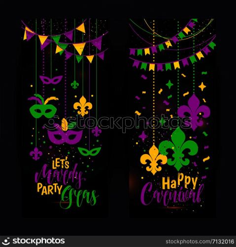 Mardi Gras beads colored frame with a mask, isolated on black background.. Mardi Gras colored vertical banners set with a mask and fleur-de-lis, isolated on black background. Vector illustration.
