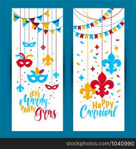 Mardi Gras beads colored frame with a mask, isolated on white background. Vector illustration. Mardi Gras colored vertical banners set with a mask and fleur-de-lis, isolated on white background. Vector illustration.