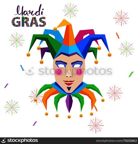 Mardi gras carnival concept with jester mask and hat decorated bells flat vector on white background. Masquerade character clothing illustration for costumed party or festival invitation, banner. Mardi Gras Carnival Vector Concept with Jester