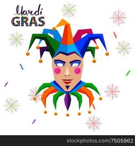 Mardi gras carnival concept with jester mask and hat decorated bells flat vector on white background. Masquerade character clothing illustration for costumed party or festival invitation, banner. Mardi Gras Carnival Vector Concept with Jester
