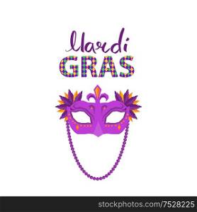 Mardi gras carnival concept with mask decorated colorful feathers flat vector isolated on white background. Masquerade clothing attribute illustration for costumed party or festival invitation, banner. Magri Gras Carnival Flat Vector Concept with Mask