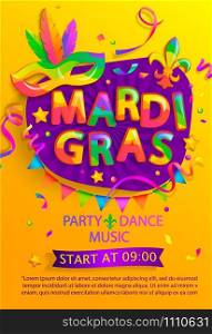Mardi gras flyer with inviting for carnival party.Traditional Mask with feathers for carnaval,fesival,masquerade,parade.Template for design invitation,banners, poster, placards. Vector illustration.. Mardi gras flyer with inviting for carnival party.