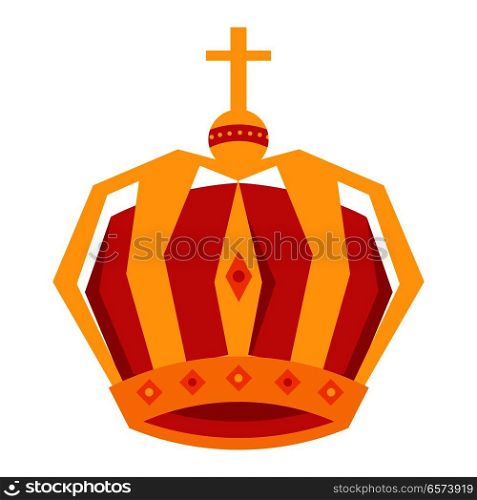 Mardi Gras. Gold and red king crown with gems and cross at top isolated on white background. Ancient kings headgear icon. Medieval symbol of monarch power and authority vector illustration.. Mardi Gras. Gold King Crown Isolated Illustration