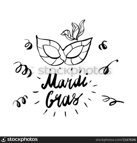 Mardi Gras hand drawn lettering and mask for Brasil carnaval. Mardi Gras hand drawn lettering and mask for Brasil carnaval, Carnival, Spain carnival masquerade festival concept for celebration template poster, banner, logo, icon, printing. Vector isolated