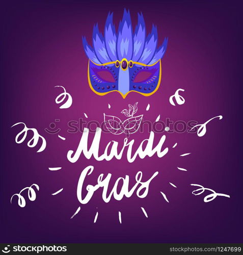 Mardi Gras hand drawn lettering and mask for Brasil carnaval. Mardi Gras hand drawn lettering and mask for Brasil carnaval, Carnival, Spain carnival masquerade festival concept for celebration template poster, banner, logo, icon, printing. Vector isolated