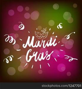 Mardi Gras hand drawn lettering and mask for Brasil carnaval. Mardi Gras hand drawn lettering and mask for Brasil carnaval, Carnival, Spain carnival masquerade festival concept for celebration template poster, banner, logo, icon, printing. Vector isolated