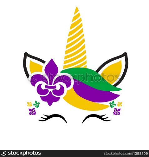 Mardi gras holiday print for tshirt, poster, baby clothing, card. Cute unicorn face with lily symbols isolated on white background. Mardi gras holiday print for tshirt, poster, baby clothing, card.
