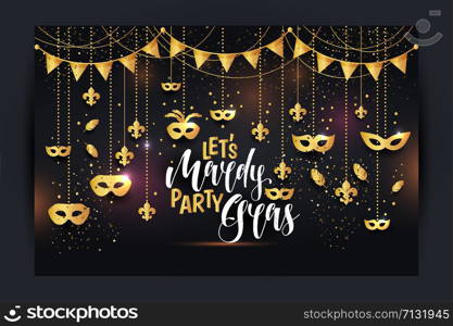 Mardi Gras icons colored frame with a mask, isolated on black background. Vector illustration. Mardi Gras frame with a gold mask and fleur-de-lis, isolated on black background. Vector illustration.