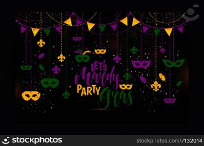 Mardi Gras icons colored frame with a mask, isolated on black background. Vector illustration. Mardi Gras colored frame with a mask and fleur-de-lis, isolated on black background. Vector illustration.