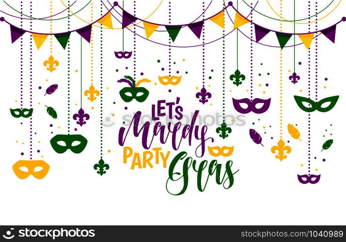 Mardi Gras icons colored frame with a mask, isolated on white background. Vector illustration. Mardi Gras colored frame with a mask and fleur-de-lis, isolated on white background. Vector illustration.