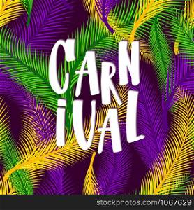 Mardi gras invitation card on colors palm background. Vector Carnival illustration on palms nature background