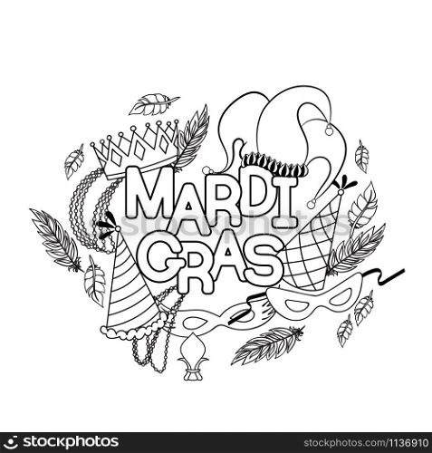 Mardi Gras or Shrove Tuesday. Carnival mask and hats, jester&rsquo;s hat, crowns, fleur de lis, feathers and ribbons. Vector illustration. Coloring page for adult coloring book.. Mardi Gras coloring page