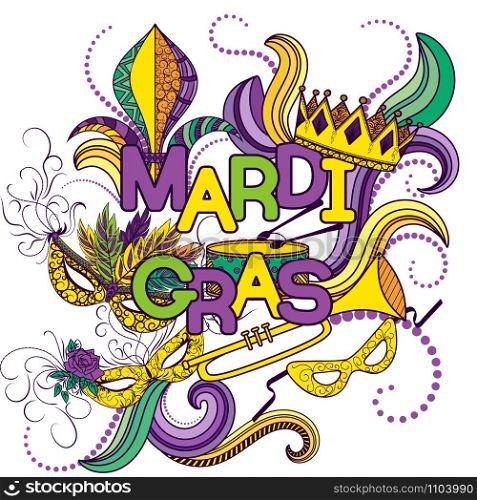 Mardi Gras or Shrove Tuesday. Colorful background with carnival mask and hats, jester&rsquo;s hat, crowns, fleur de lis, feathers and ribbons. Vector illustration. Mardi Gras or Shrove Tuesday