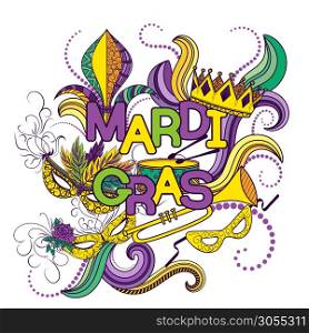 Mardi Gras or Shrove Tuesday. Colorful background with carnival mask and hats, jester&rsquo;s hat, crowns, fleur de lis, feathers and ribbons. Vector illustration. Mardi Gras or Shrove Tuesday card