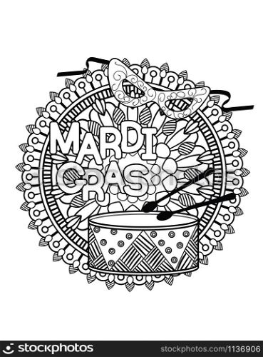 Mardi Gras or Shrove Tuesday coloring page for adult coloring book. Vector illustration.. Mardi Gras coloring page