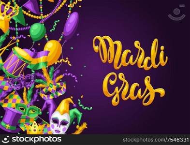 Mardi Gras party greeting or invitation card. Carnival background for traditional holiday or festival.. Mardi Gras party greeting or invitation card.