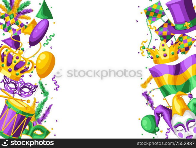 Mardi Gras party greeting or invitation card. Carnival background for traditional holiday or festival.. Mardi Gras party greeting or invitation card.