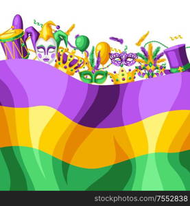 Mardi Gras party greeting or invitation card. Carnival background for traditional holiday or festival.. Mardi Gras party greeting or invitation card.