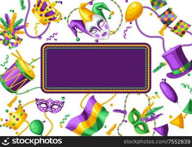 Mardi Gras party greeting or invitation card. Carnival background for traditional holiday or festival.. Mardi Gras party greeting or invitation card.