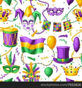 Mardi Gras party seamless pattern. Carnival background for traditional holiday or festival.. Mardi Gras party seamless pattern.