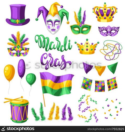 Mardi Gras party set of items. Carnival background for traditional holiday or festival.. Mardi Gras party set of items.