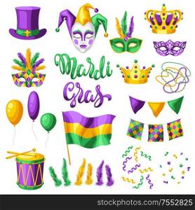 Mardi Gras party set of items. Carnival background for traditional holiday or festival.. Mardi Gras party set of items.