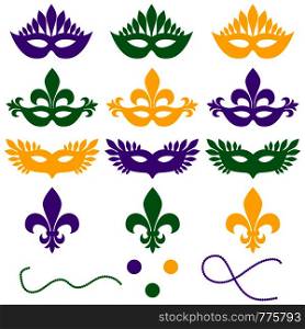 Mardi gras. Set of objects isolated on a white background - masks, beads, confetti, fleur de lis. Shrove Tuesday, Fat Tuesday. Mardi gras. Set of objects on a white background