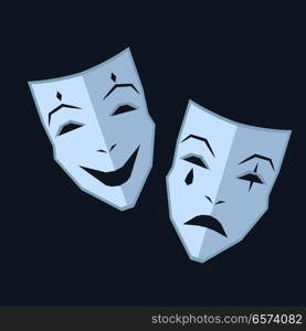 Mardi Gras. Two blue masks with emotions of happiness and sadness on navy-blue background. Theatrical symbol illustration. Play-actors accessory for performances isolated vector illustration.. Mardi Gras. Two Masks with Different Emotions