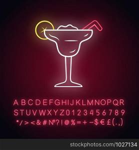 Margarita neon light icon. Footed glass with icy drink, lemon slice, straw. Cocktail with tequila, liqueur, lime juice. Glowing sign with alphabet, numbers and symbols. Vector isolated illustration