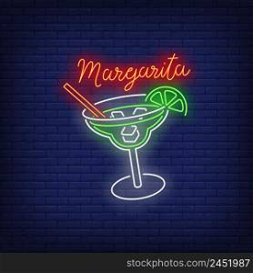 Margarita neon text, drink glass, straw, ice cubes and lime. Cocktail bar design. Night bright neon sign, colorful billboard, light banner. Vector illustration in neon style.