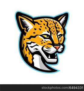 Margay Head Mascot. Sports mascot icon illustration of head of a margay (Leopardus wiedii), a small wild cat native to Central and South America viewed from side on isolated background in retro style.. Margay Head Mascot