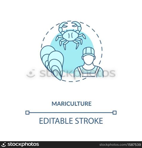 Mariculture concept icon. Shellfish production. Seafoods growing places. Luxury meals ingredients. Aquaculture idea thin line illustration. Vector isolated outline RGB color drawing. Editable stroke. Mariculture concept icon