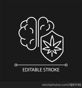 Marijuana brain protection white linear icon for dark theme. Cognitive functions improvement. Thin line customizable illustration. Isolated vector contour symbol for night mode. Editable stroke. Marijuana brain protection white linear icon for dark theme