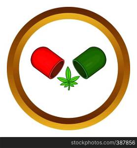 Marijuana capsule pill vector icon in golden circle, cartoon style isolated on white background. Marijuana capsule pill vector icon