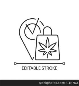 Marijuana dispensary linear icon. Recreational cannabis retail store. Buying products legally. Thin line customizable illustration. Contour symbol. Vector isolated outline drawing. Editable stroke. Marijuana dispensary linear icon