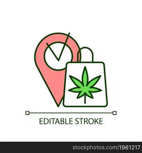 Marijuana dispensary RGB color icon. Recreational cannabis retail store. Buying marijuana products legally. Online order. Isolated vector illustration. Simple filled line drawing. Editable stroke. Marijuana dispensary RGB color icon