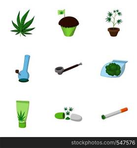 Marijuana icons set. Cartoon illustration of 9 marijuana vector icons for web. Marijuana icons set, cartoon style