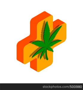Marijuana leaf with a cross icon in isometric 3d style on a white background. Marijuana leaf with a cross icon