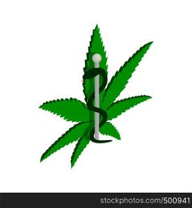 Marijuana leaf with Rod of Asclepius icon in isometric 3d style on a white background. Marijuana leaf with Rod of Asclepius icon