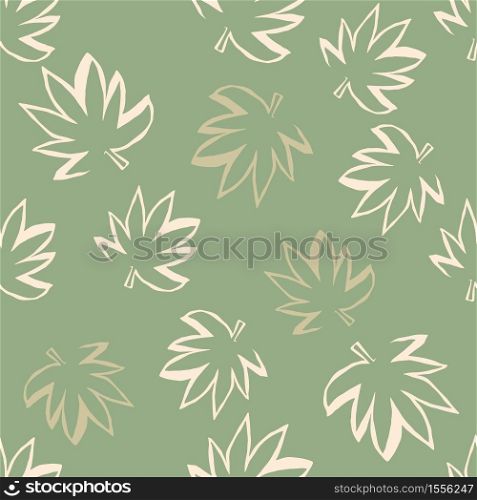 Marijuana outline silhouette seamless pattern. Green background with beige and light elements. Decorative backdrop for fabric design, textile print, wrapping, cover. Vector illustration.. Marijuana outline silhouette seamless pattern. Green background with beige and light elements.